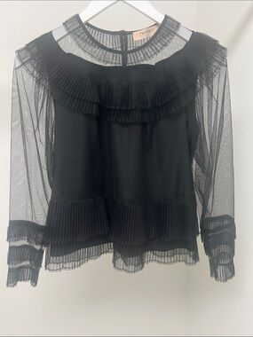 Twin-Set Black Pleated Mesh Ruffle Top